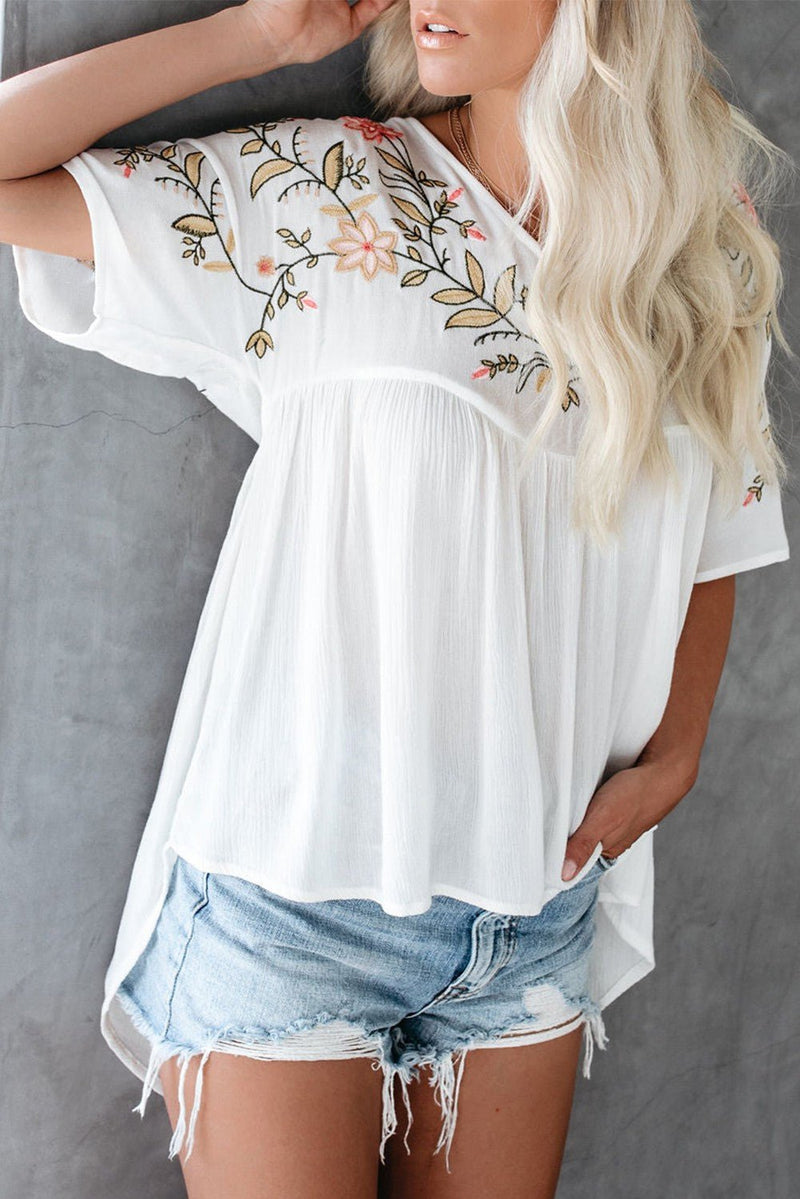 This Perfectly Elegant Garden Top will have you looking stylish and feeling oh-so-comfy! With white, floral embroidered detailing, a strong V-neck, and crinkle babydoll cut, you'll be feeling breezy and put-together. Plus, the soft fabric of the short sleeves will hug your arms with a cozy embrace. Get ready for a look that's sweet and sassy!