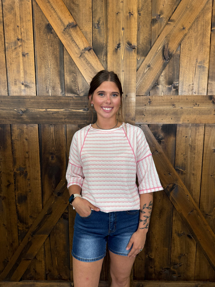 Pink Stripe Knit Split Short Sleeve Top
