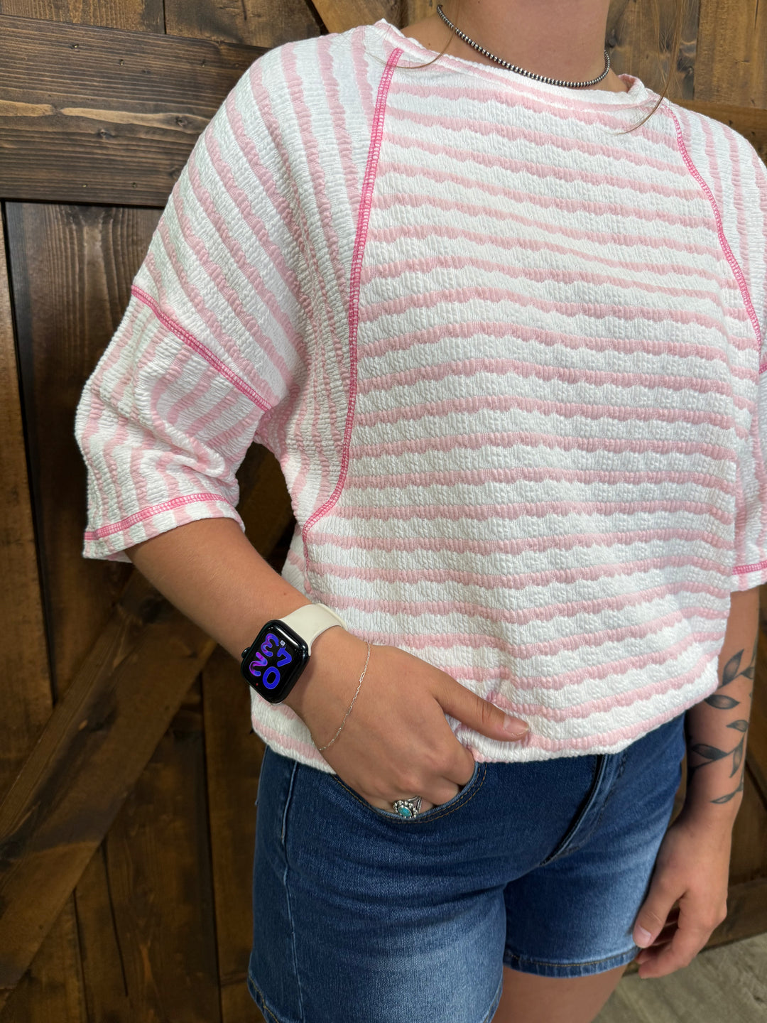 Pink Stripe Knit Split Short Sleeve Top