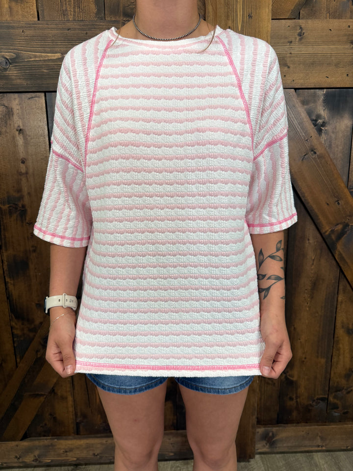 Pink Stripe Knit Split Short Sleeve Top