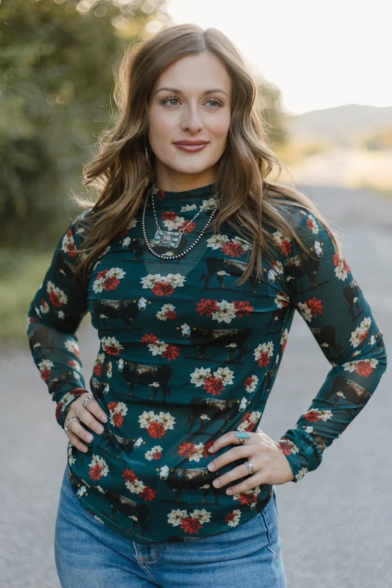 Sterling Kreek Poinsettias On The Prairie Mesh Top