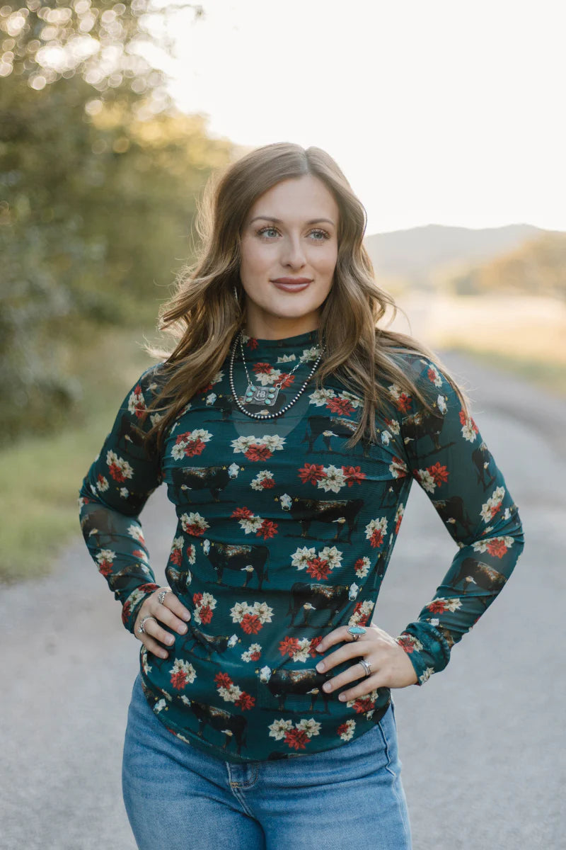 Sterling Kreek Poinsettias On The Prairie Mesh Top