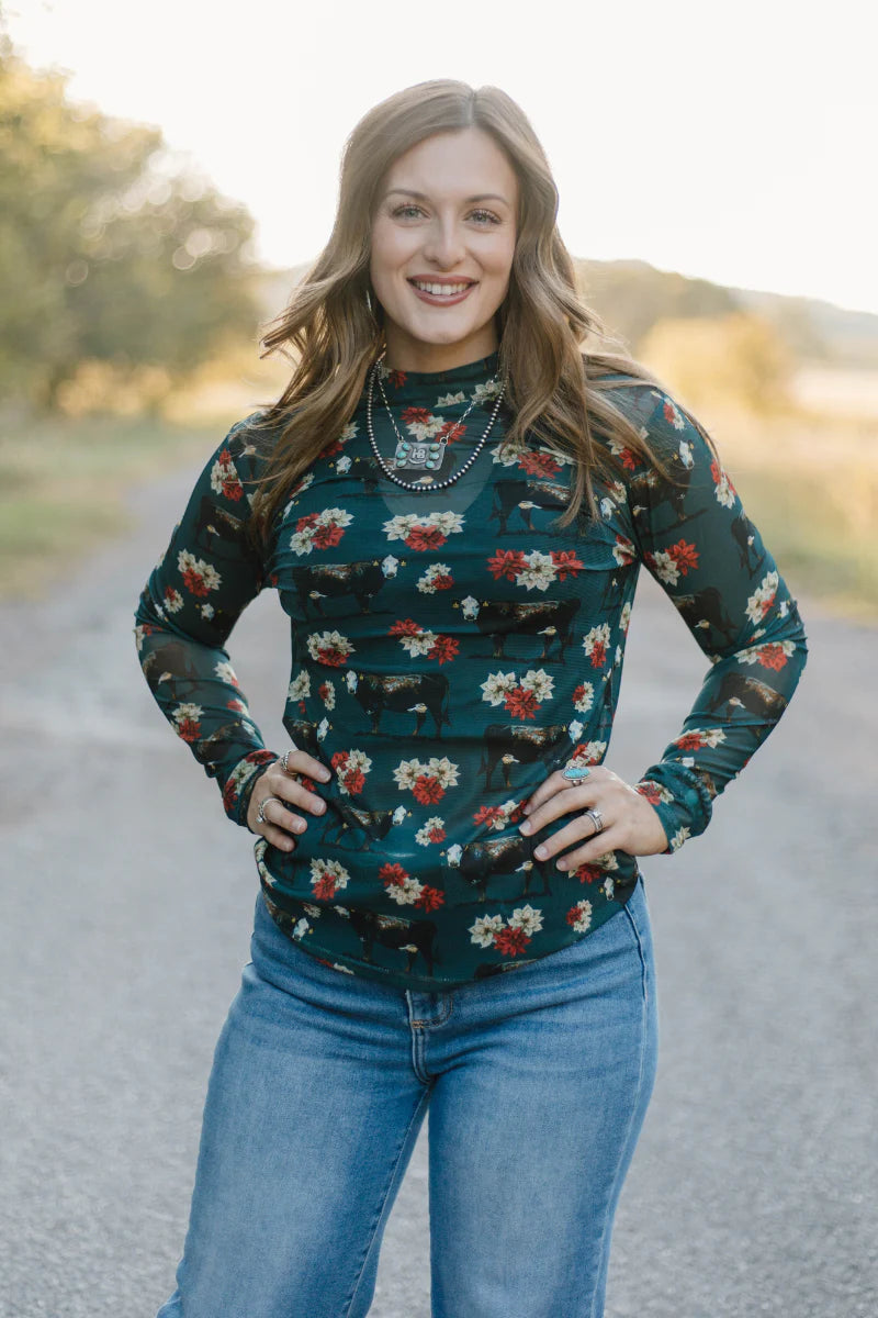 Sterling Kreek Poinsettias On The Prairie Mesh Top