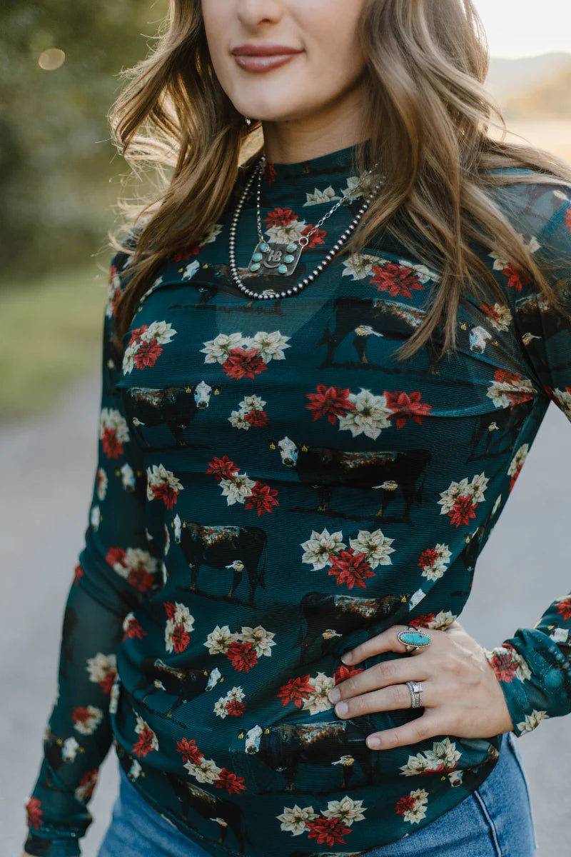 Sterling Kreek Poinsettias On The Prairie Mesh Top