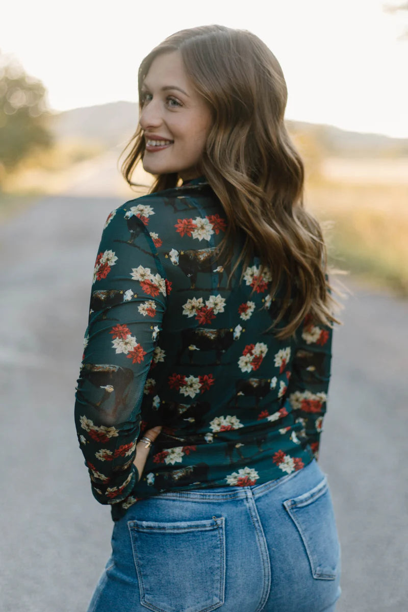 Sterling Kreek Poinsettias On The Prairie Mesh Top