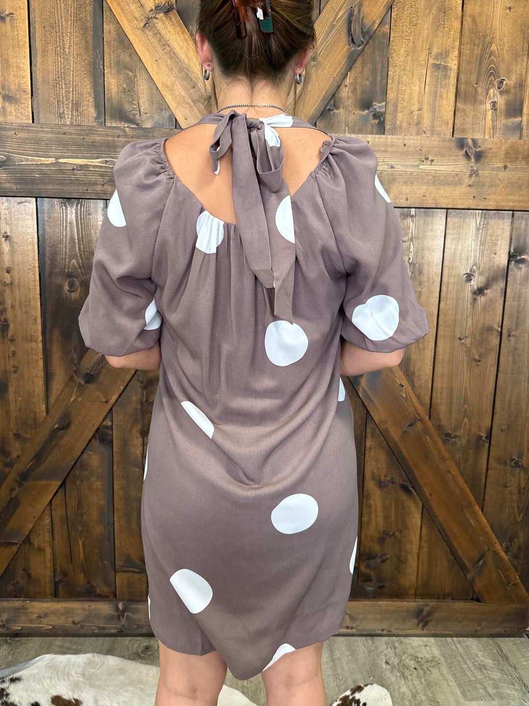 Polka Dot Print Knot Back Short Puff Sleeve Mini Dress