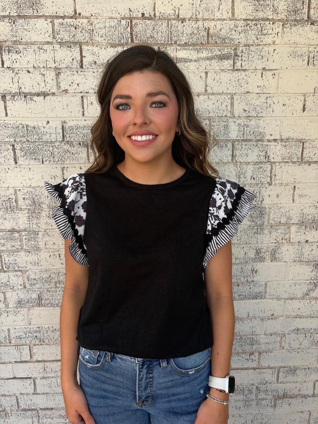 Ricrac Trim Printed Flutter Sleeve Contrast Blouse 2 Colors*