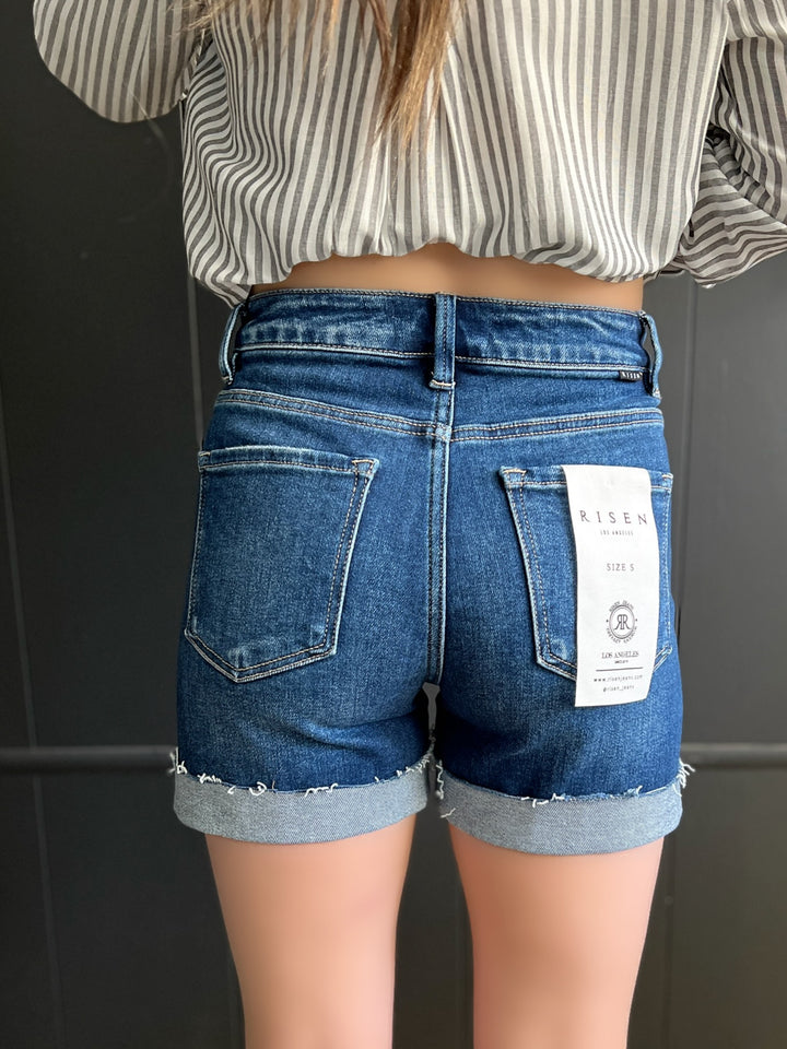 Risen Dark Wash High Rise Cuffed Denim Shorts*