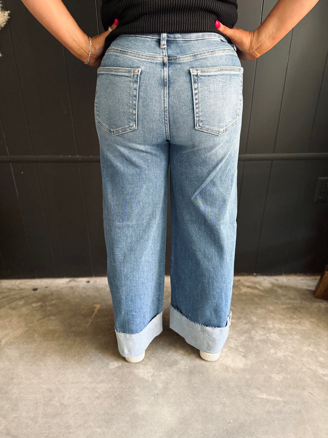 Risen High Rise Wide Leg Cuffed Jeans