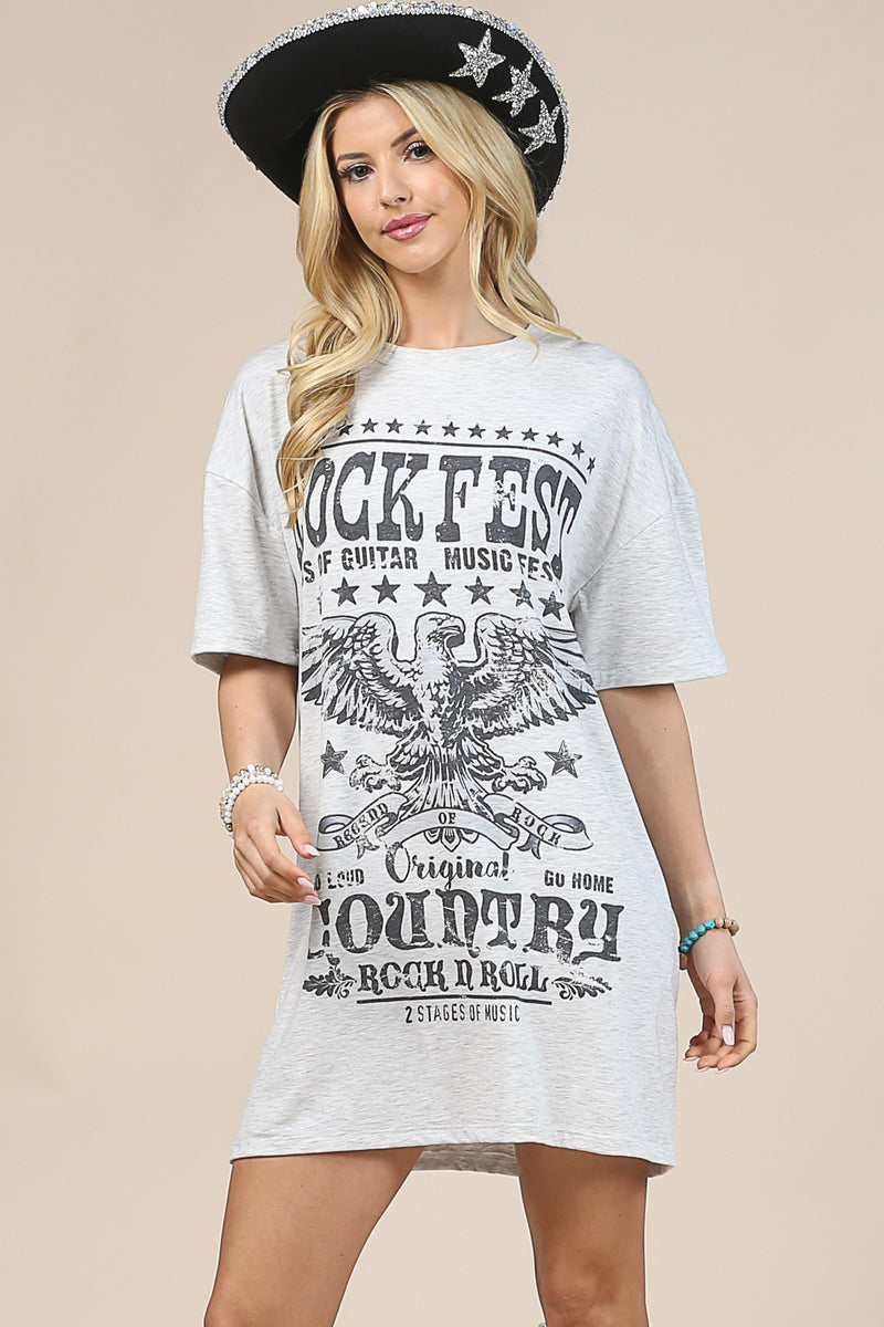 Turn up the volume and rock out in style with this Rockfest T-shirt Dress. Featuring a trendy "rockfest" "Country" "Rock & Roll" graphic, this relaxed fit dress will be your go-to concert outfit for all your country-rock favorites. The perfect look for music lovers and fashionistas alike, take a risk and rock it!  100% Polyester