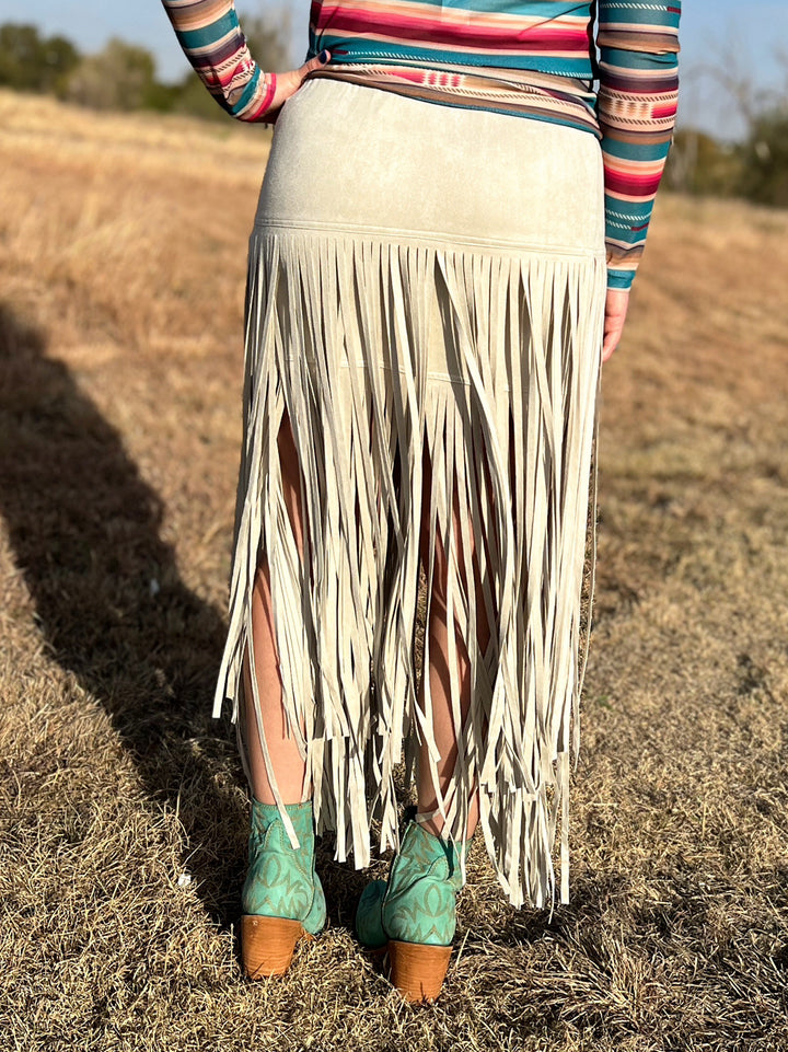 Rodeo Queen Suede Fringe Skirt Beige | gussieduponline
