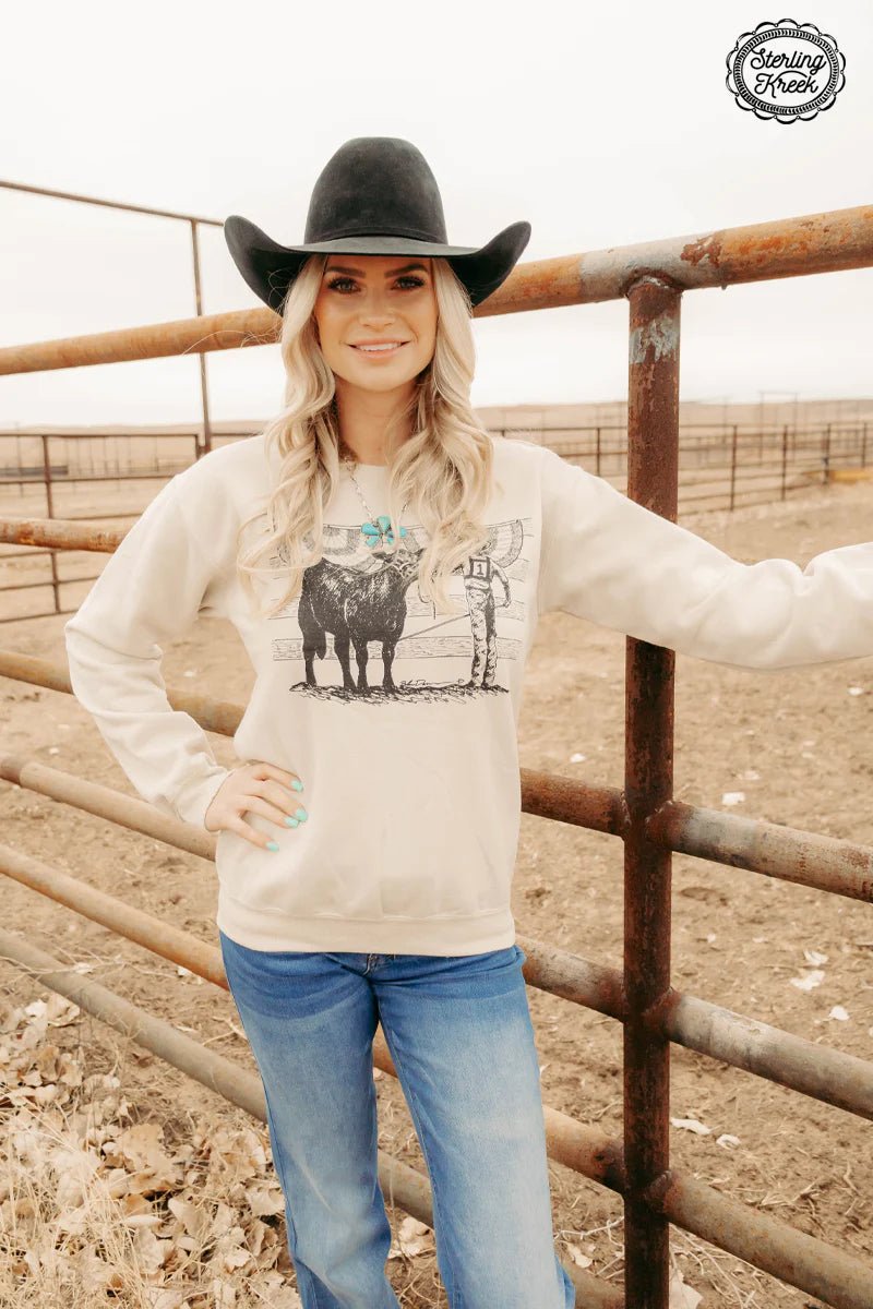 sweatshirt, long sleeve, tan, steer, stock show, top. Get Gussied  Up. Small Business