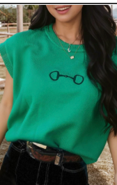 Horse Bit Embroidered Short Sleeve Sweater Top