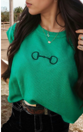 Horse Bit Embroidered Short Sleeve Sweater Top