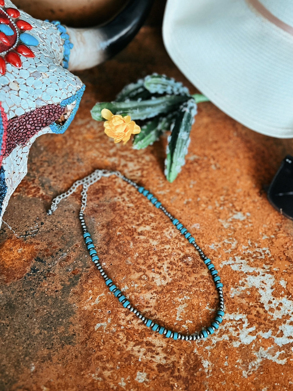 Silver Beaded Turquoise Necklace | gussieduponline