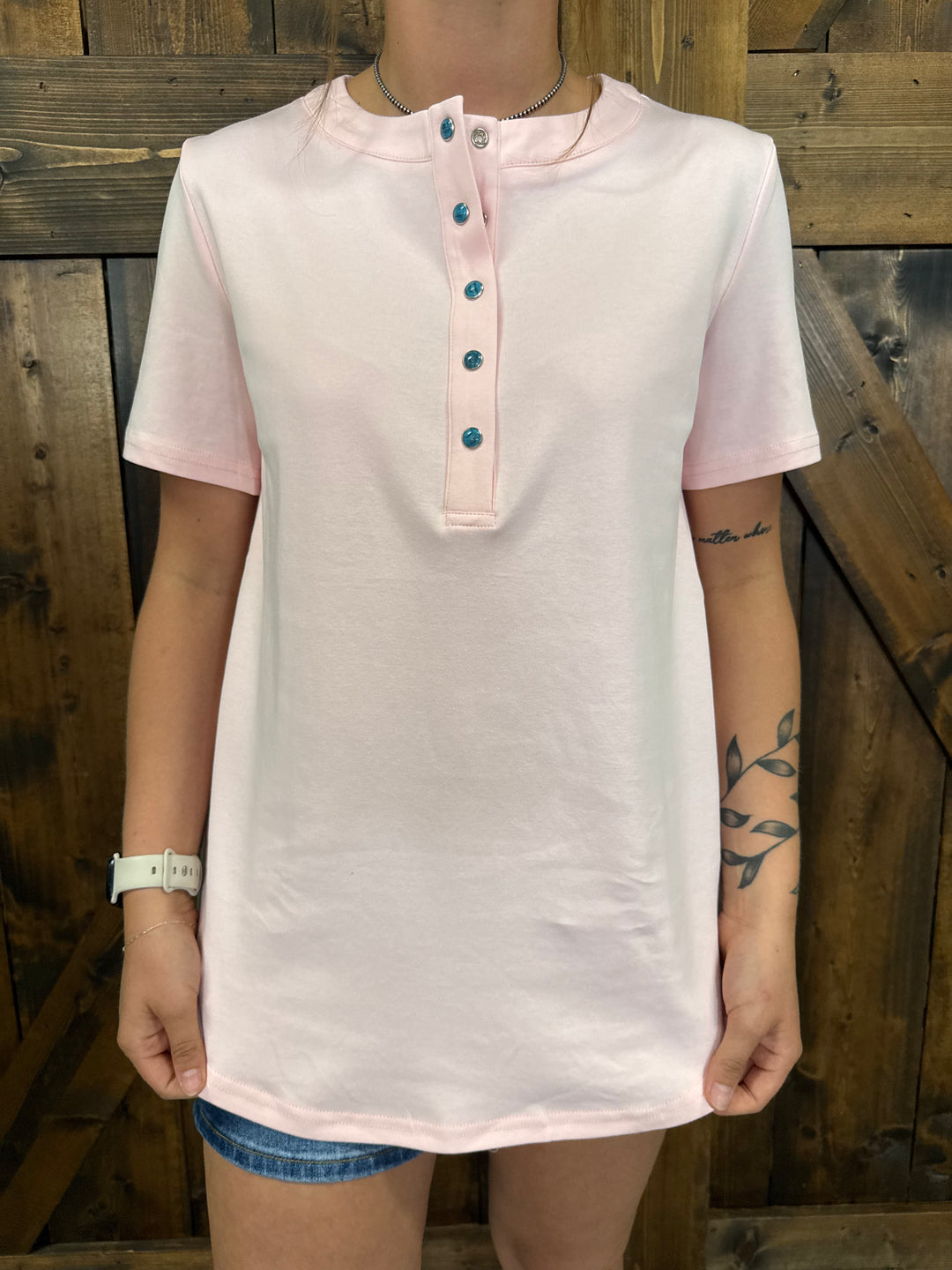 Soft Pink Short Sleeve Turquoise Snap Button Down Shirt