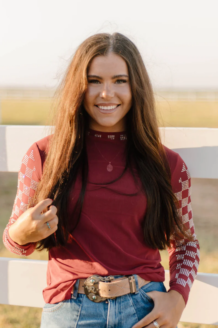 Sterling Kreek Checked In Maroon Mesh Top