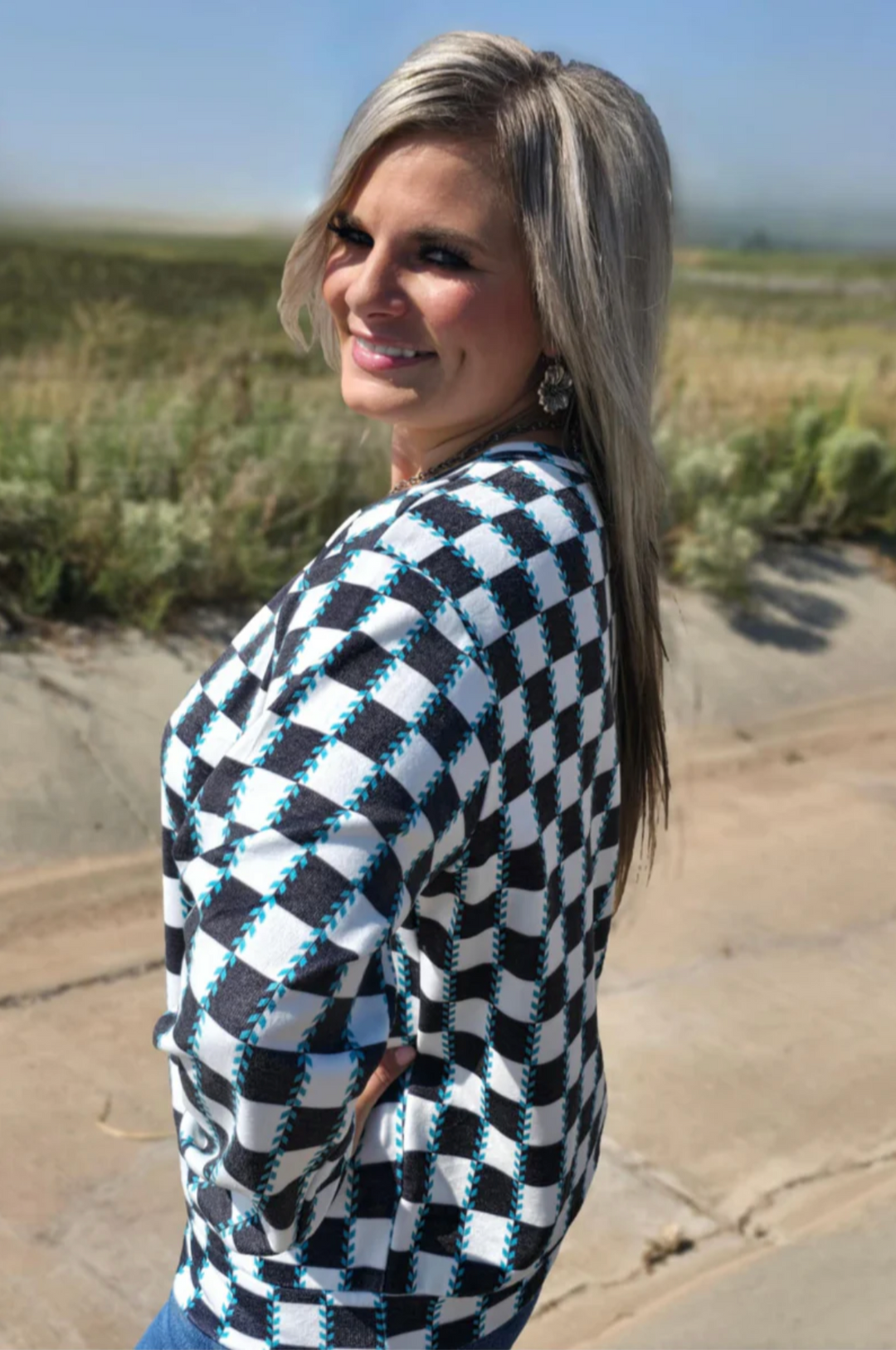 Sterling Kreek Checked In Turquoise Long Sleeved Top