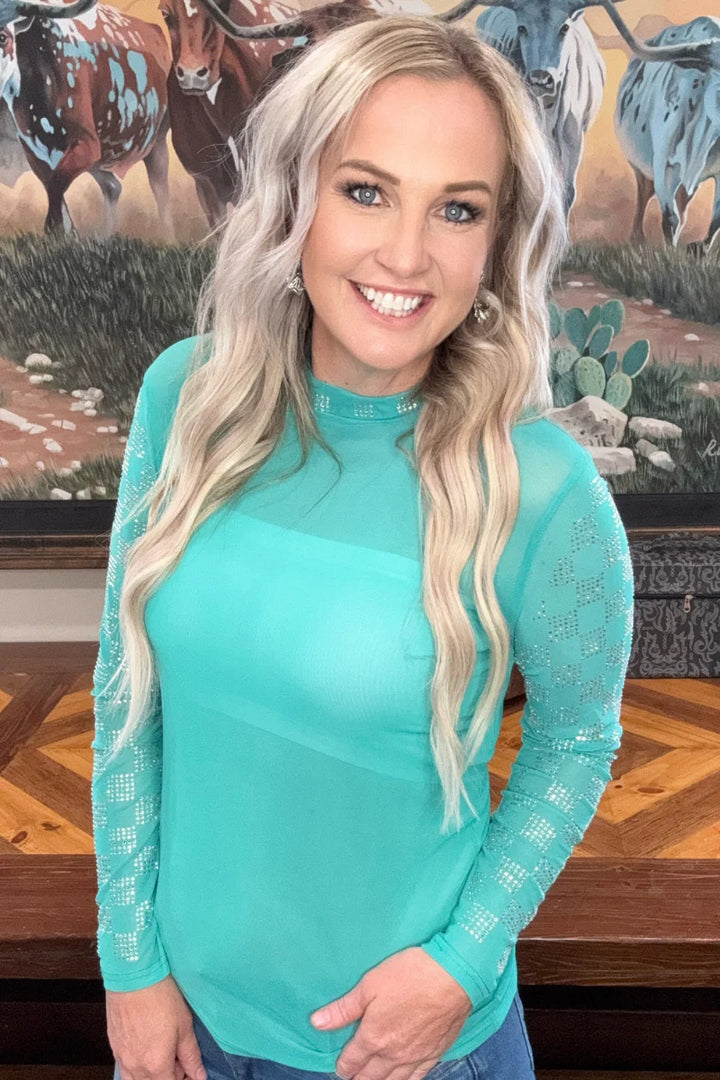 Sterling Kreek Checked In Turquoise Mesh Top