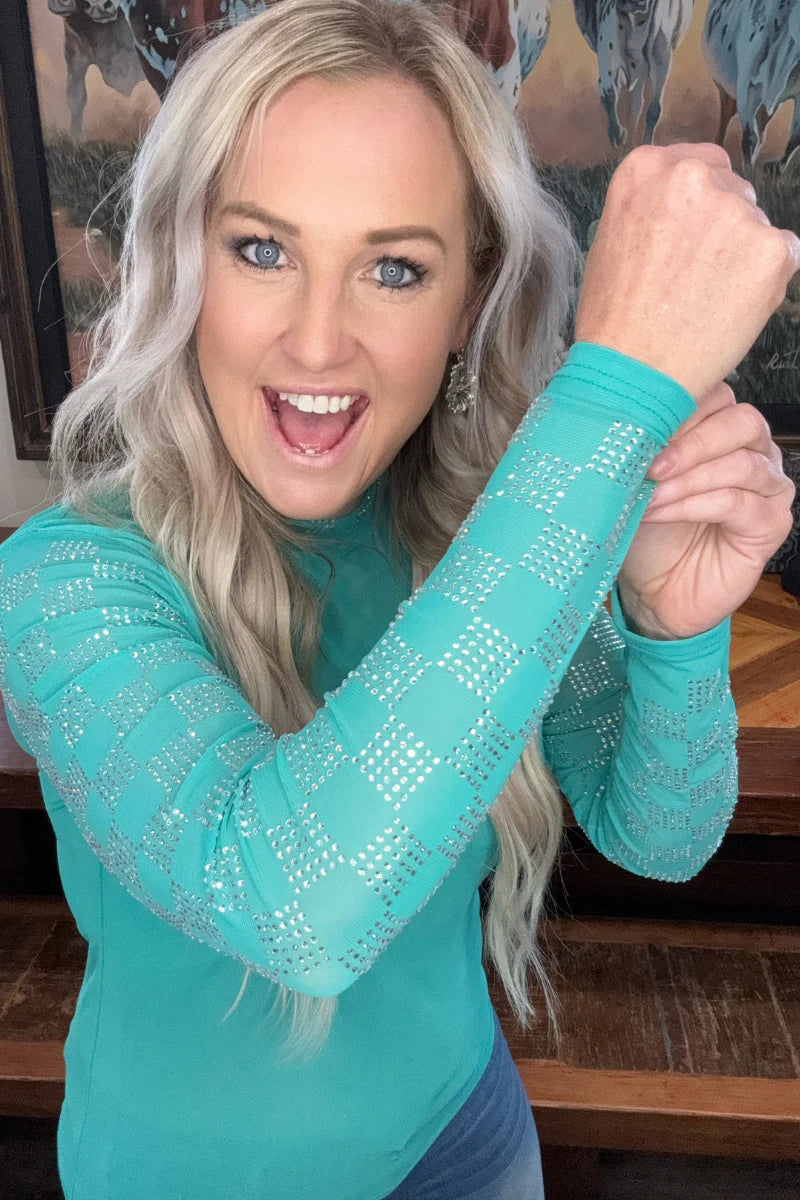 Sterling Kreek Checked In Turquoise Mesh Top