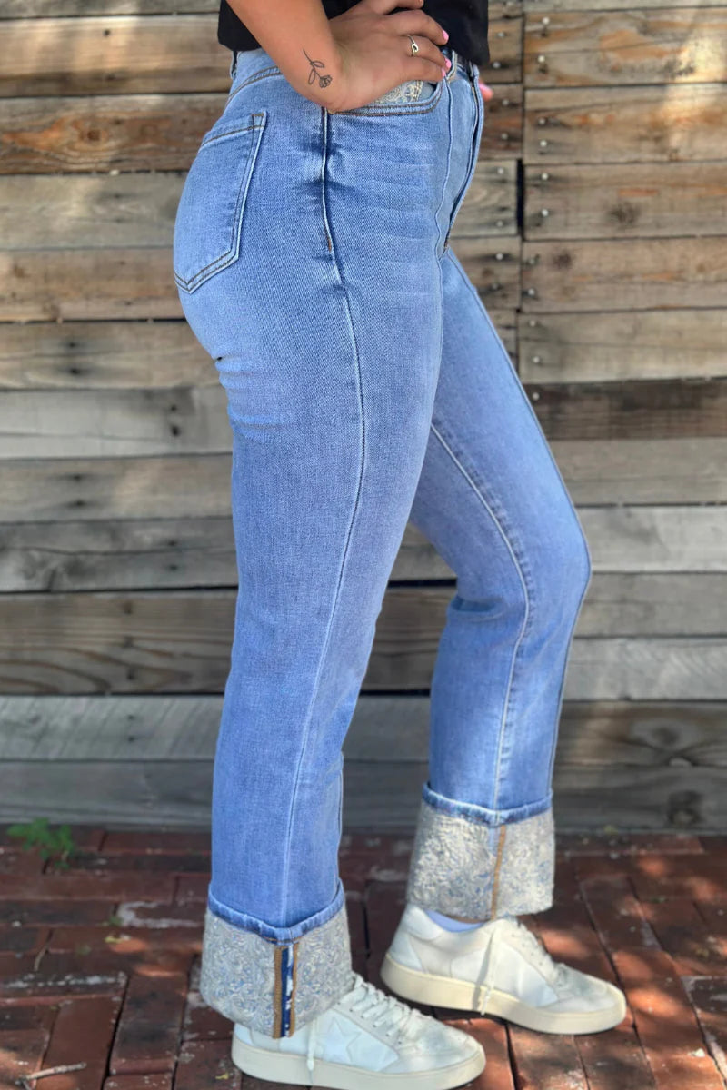 Sterling Kreek Embroidered Cuffed Jeans