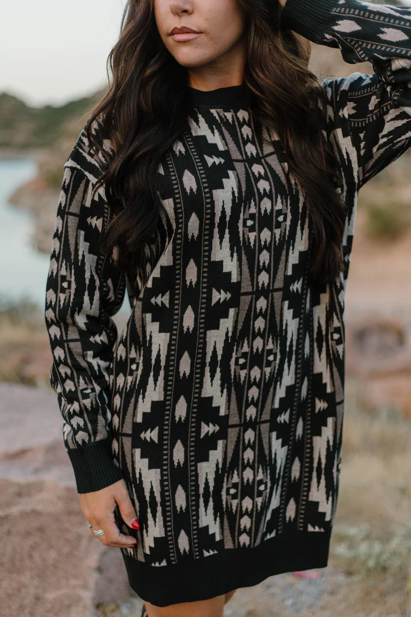 aztec knitted dress Knitting Pattern Sashed Dress in Aztec Band Stripes