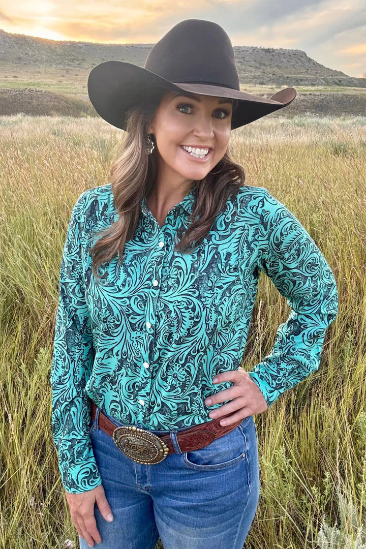 Sterling Kreek Tooled In Turquoise Button Up