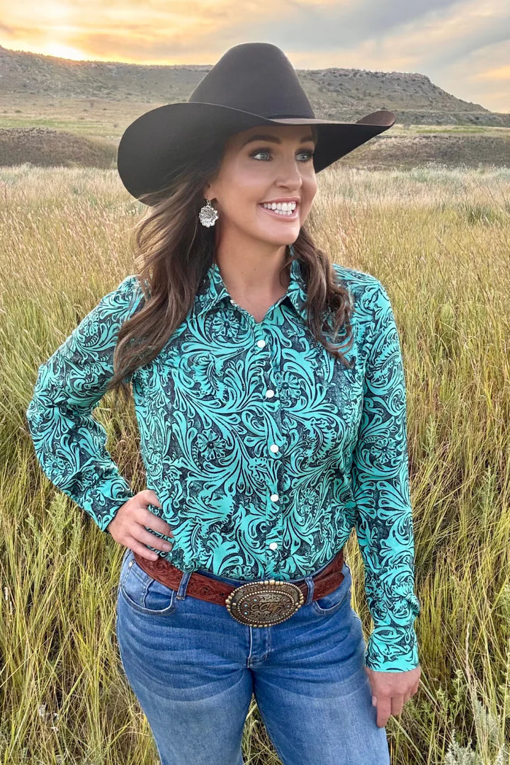 Sterling Kreek Tooled In Turquoise Button Up