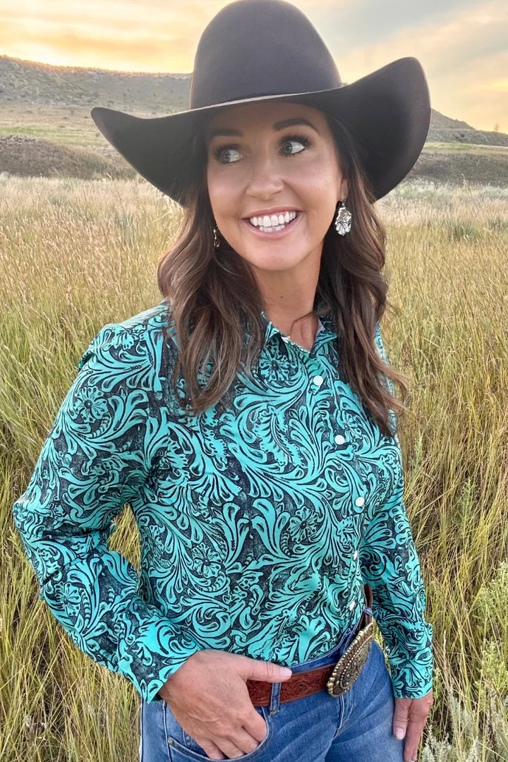 Sterling Kreek Tooled In Turquoise Button Up
