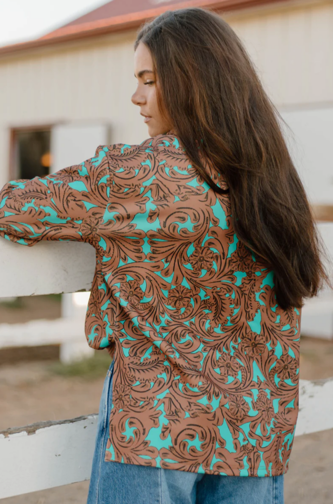 Sterling Kreek Turquoise Tooled Mock Neck Top