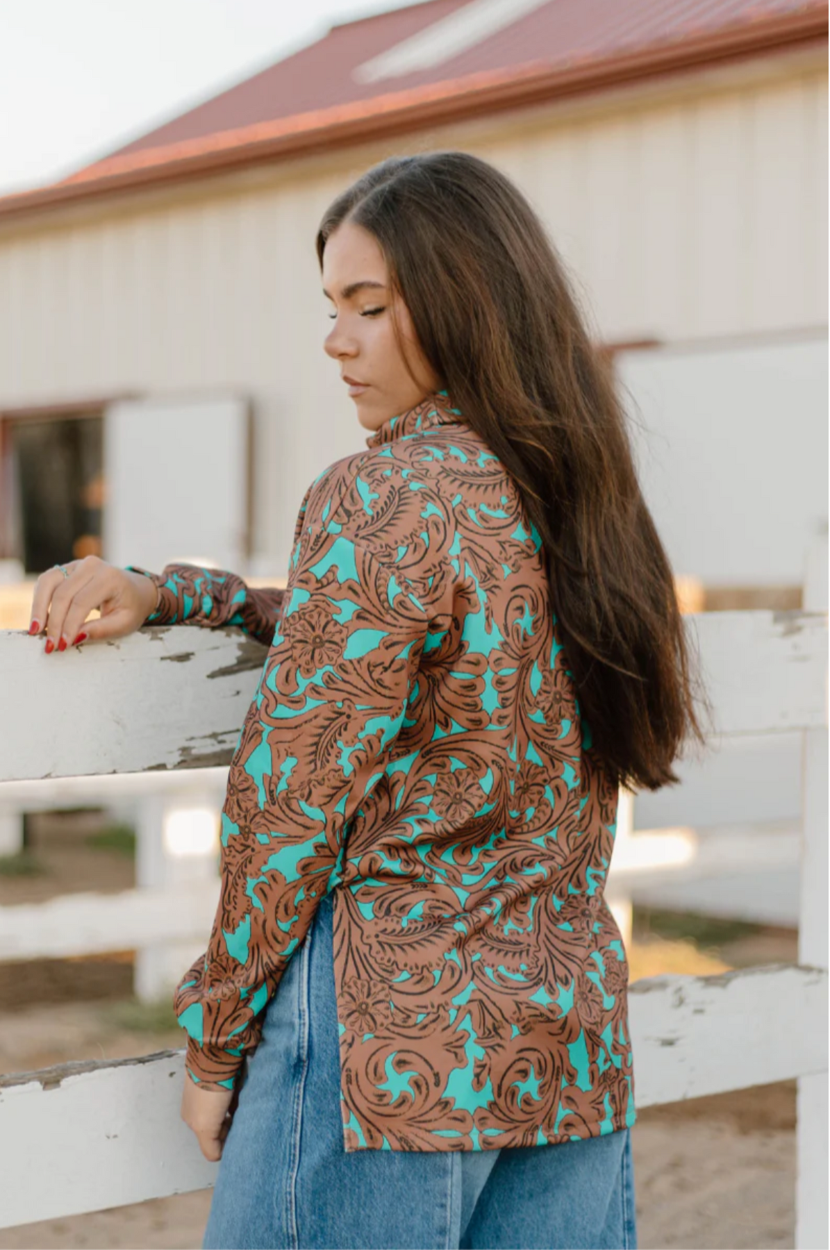 Sterling Kreek Turquoise Tooled Mock Neck Top | Gussied Up Online