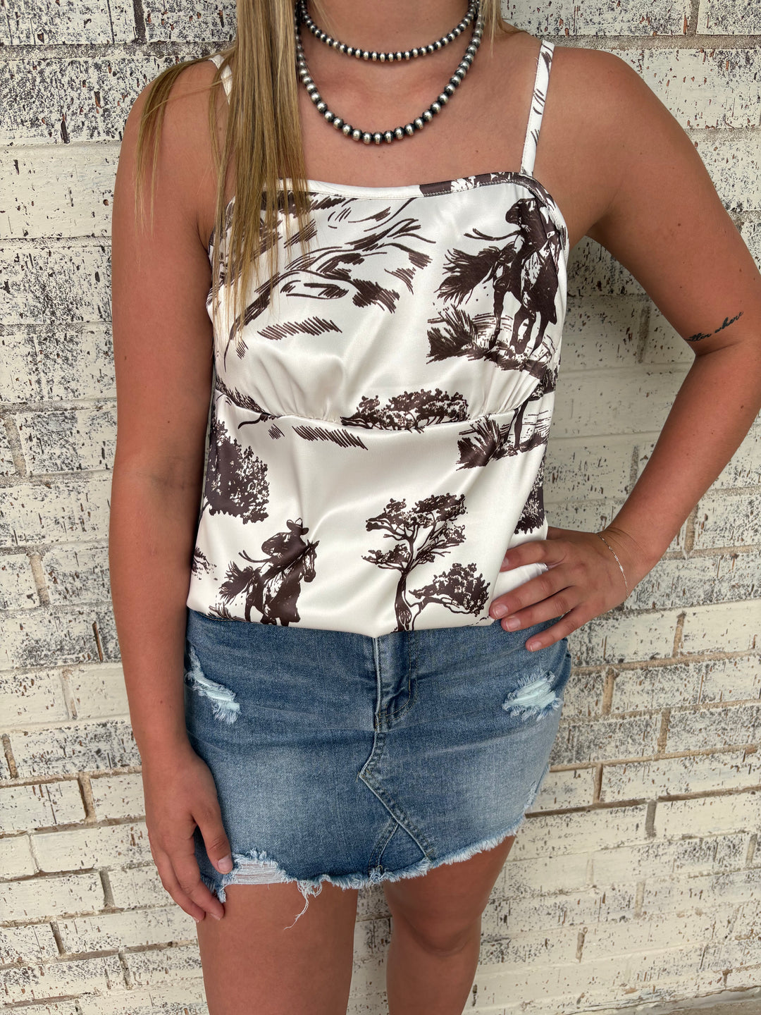 Stranded Cowboy Printed Satin Spaghetti Strap Top*