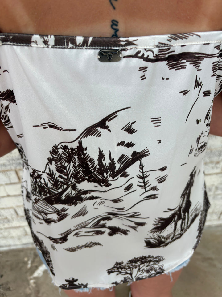 Stranded Cowboy Printed Satin Spaghetti Strap Top*