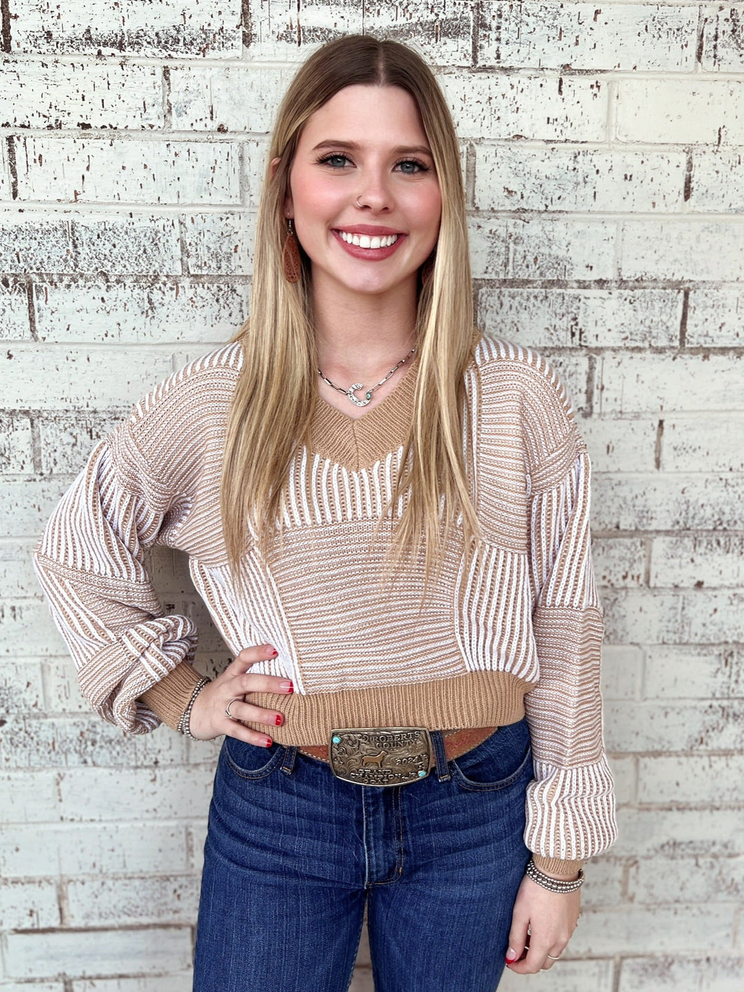 Striped Lantern Sleeve Cropped Sweater - 3 Colors | gussieduponline