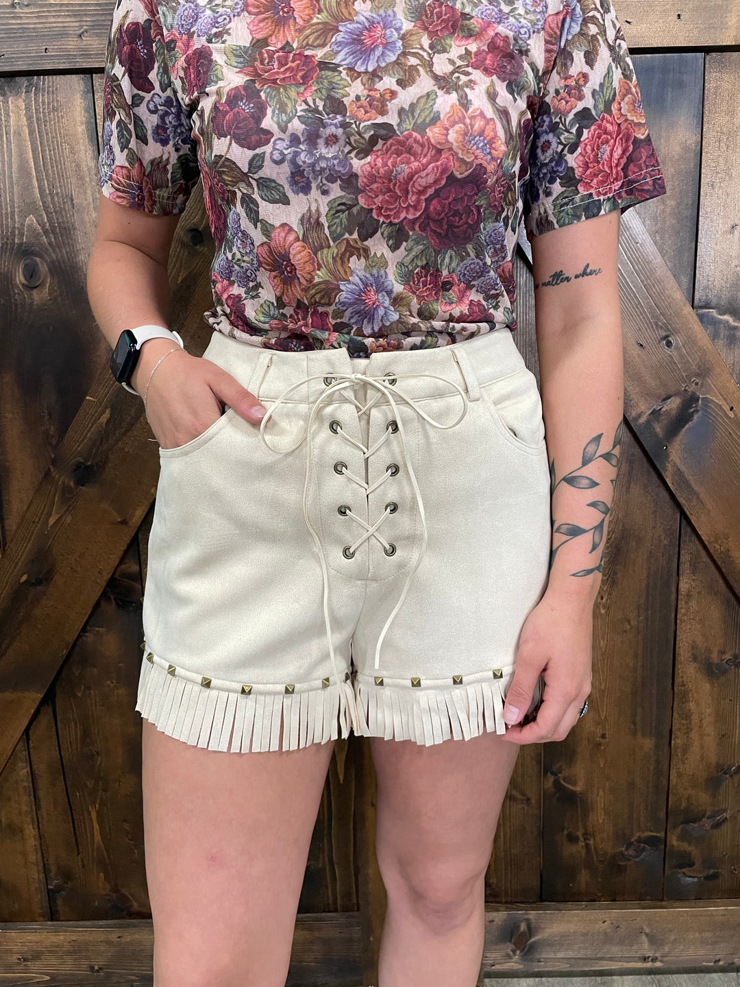 Suede Fringe Hem Vintage Gold Studded Eyelet Shorts