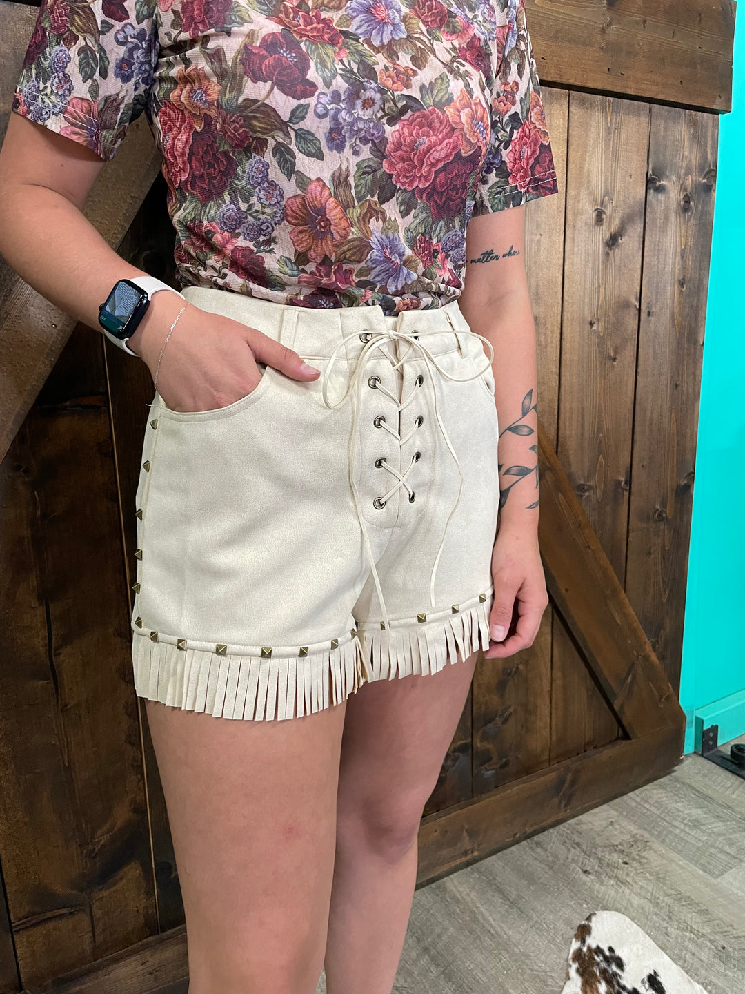 Suede Fringe Hem Vintage Gold Studded Eyelet Shorts