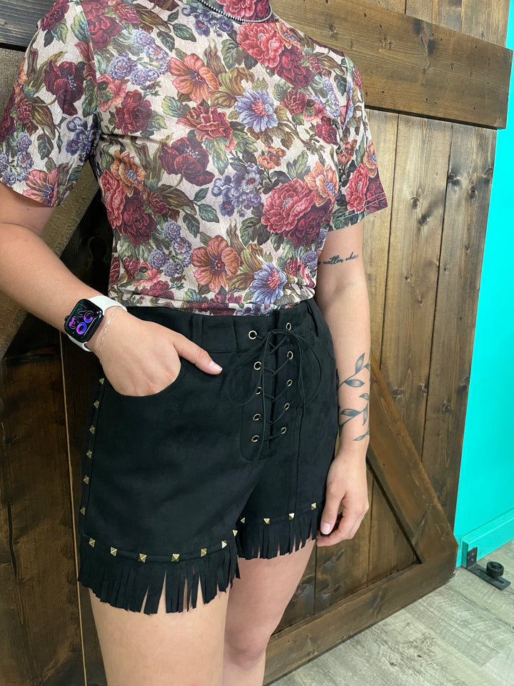 Suede Fringe Hem Vintage Gold Studded Eyelet Shorts