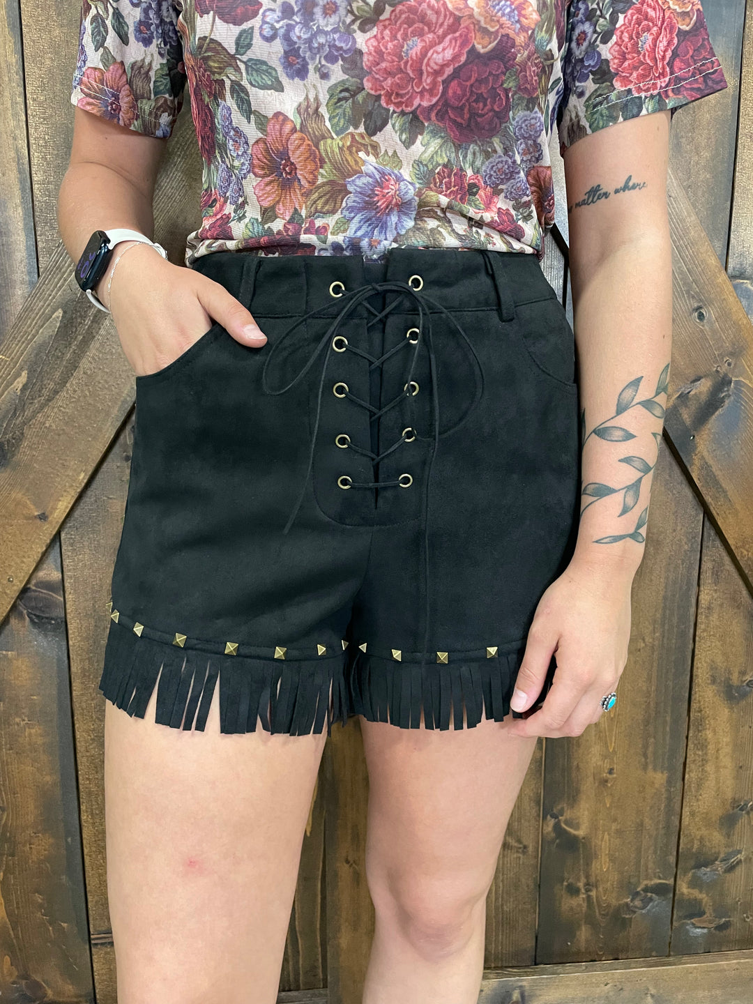 Suede Fringe Hem Vintage Gold Studded Eyelet Shorts
