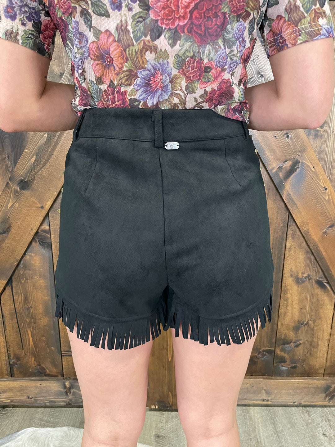 Suede Fringe Hem Vintage Gold Studded Eyelet Shorts