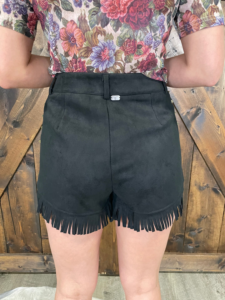 Suede Fringe Hem Vintage Gold Studded Eyelet Shorts