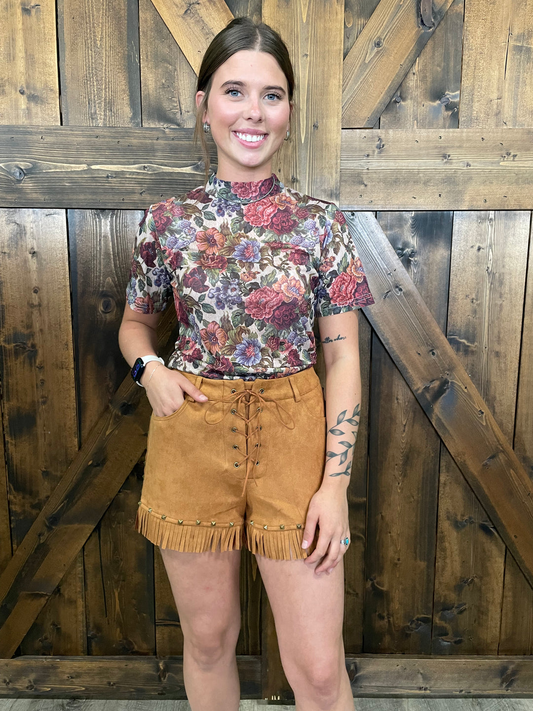 Suede Fringe Hem Vintage Gold Studded Eyelet Shorts