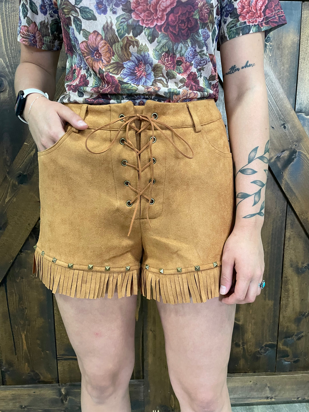 Suede Fringe Hem Vintage Gold Studded Eyelet Shorts