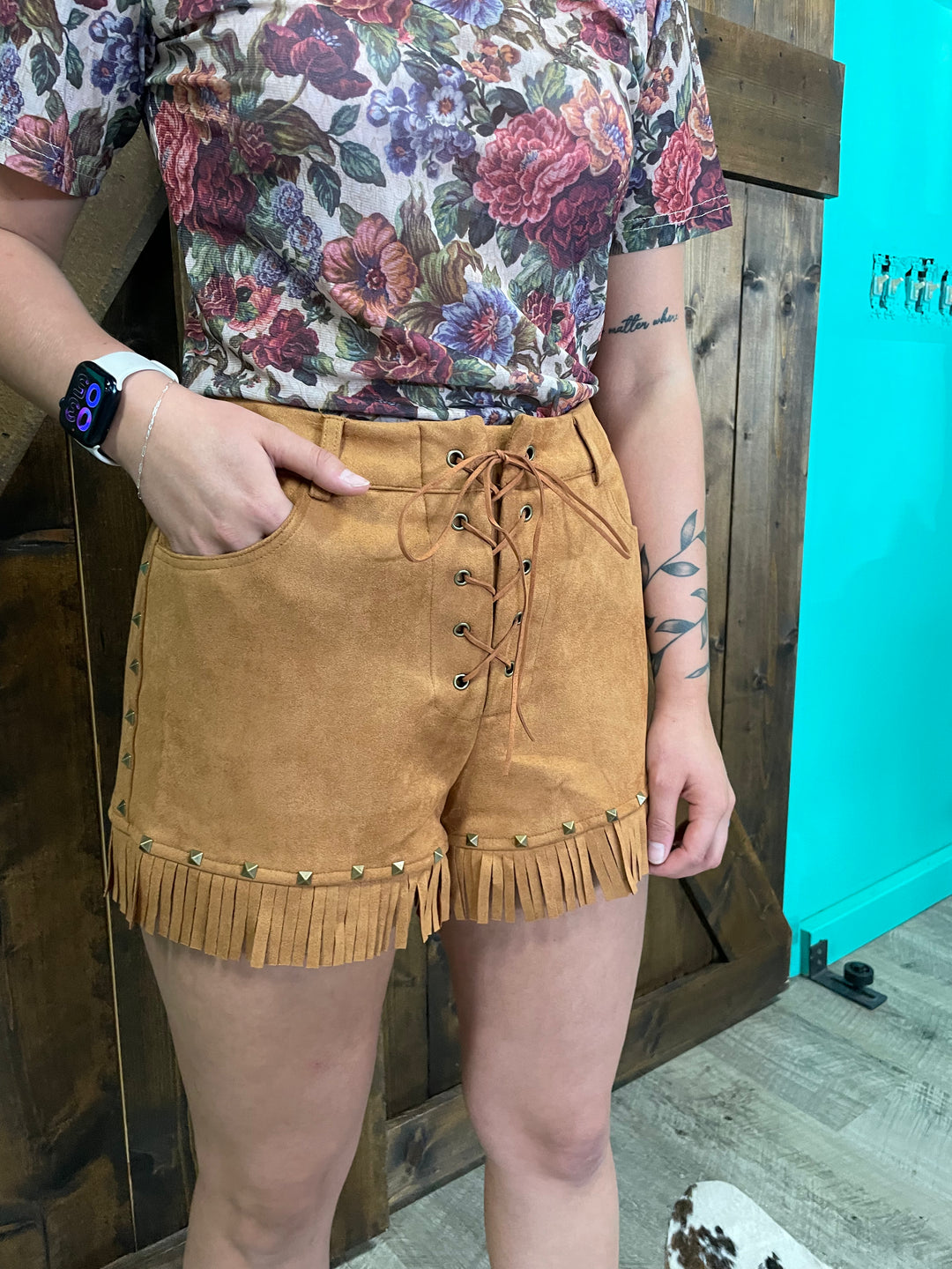 Suede Fringe Hem Vintage Gold Studded Eyelet Shorts