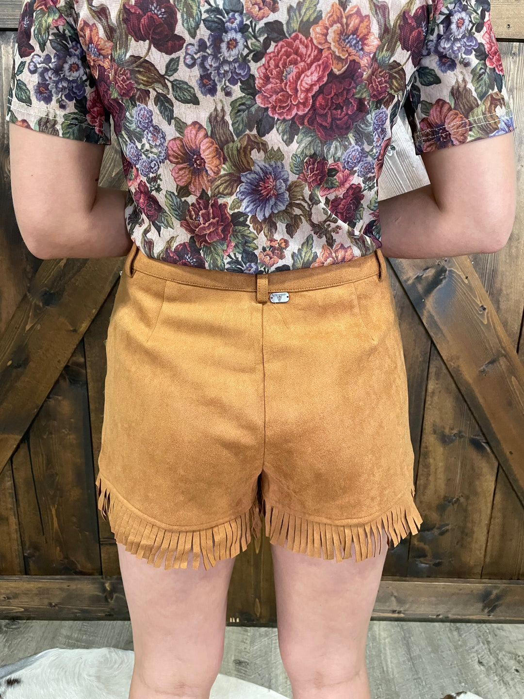 Suede Fringe Hem Vintage Gold Studded Eyelet Shorts