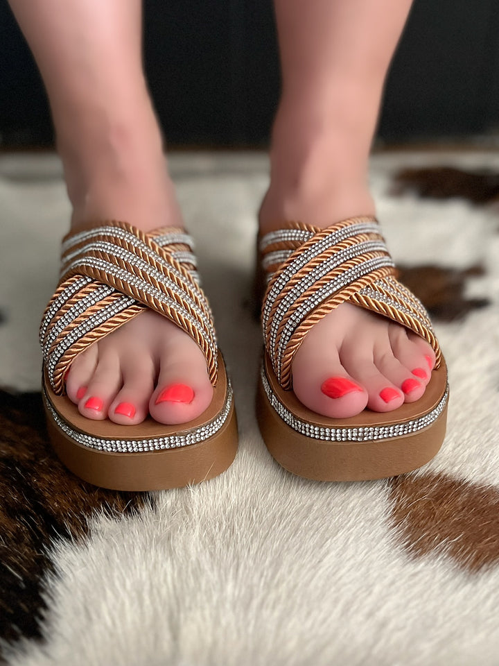 Tan Rhinestone Crisscross Platform Sandals*