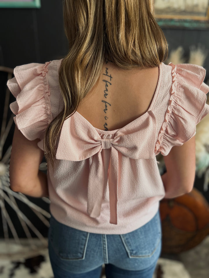 Textured Bow Frilled Butterfly Sleeve Blouse-3 Colors*