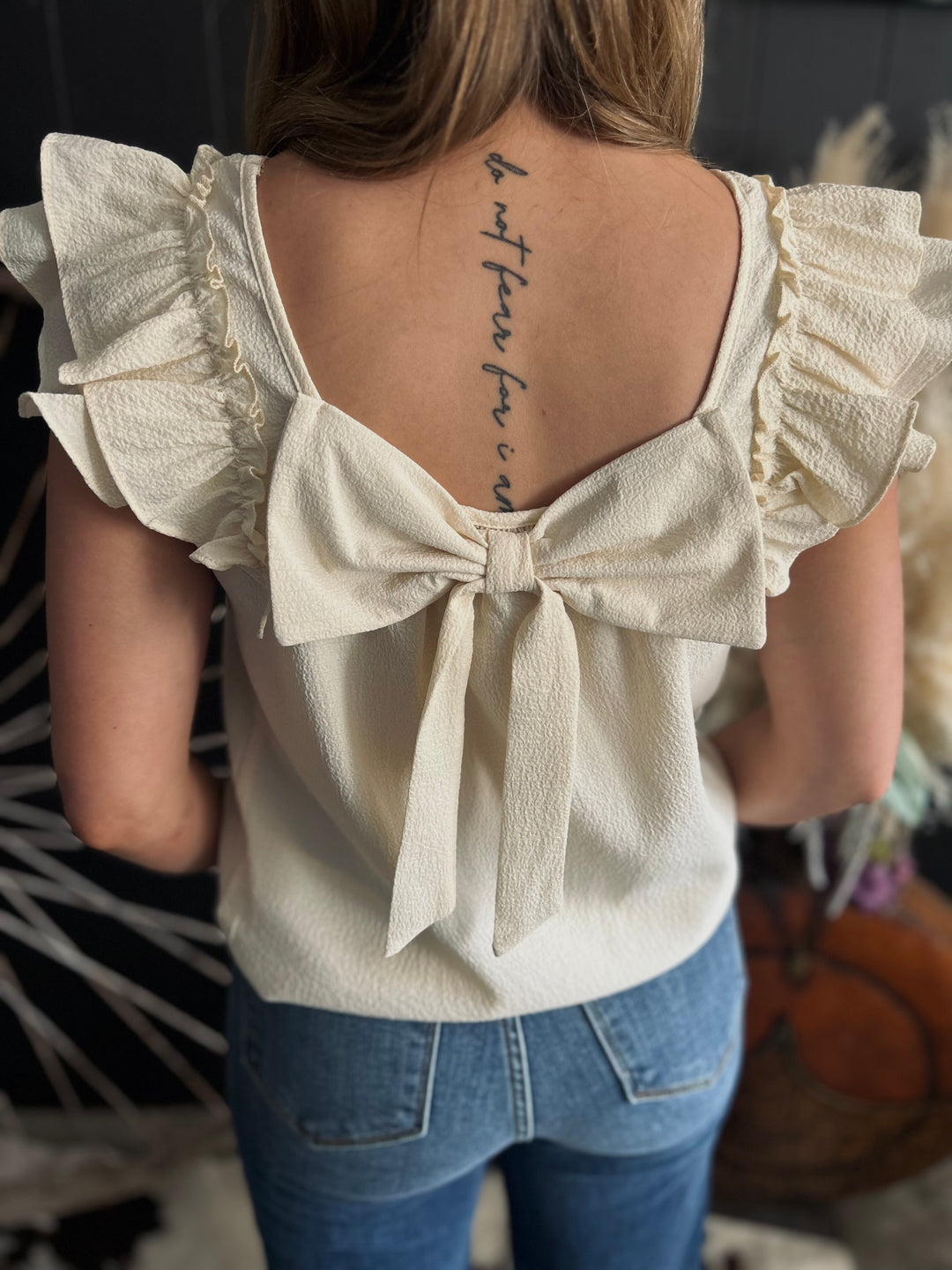 Textured Bow Frilled Butterfly Sleeve Blouse-3 Colors*