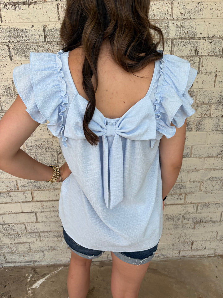 Textured Bow Frilled Butterfly Sleeve Blouse-3 Colors*