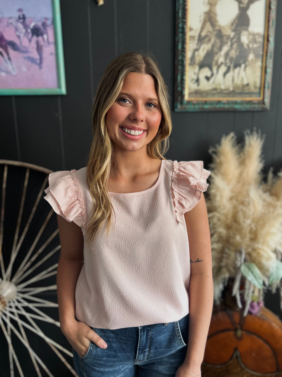 Textured Bow Frilled Butterfly Sleeve Blouse-3 Colors*