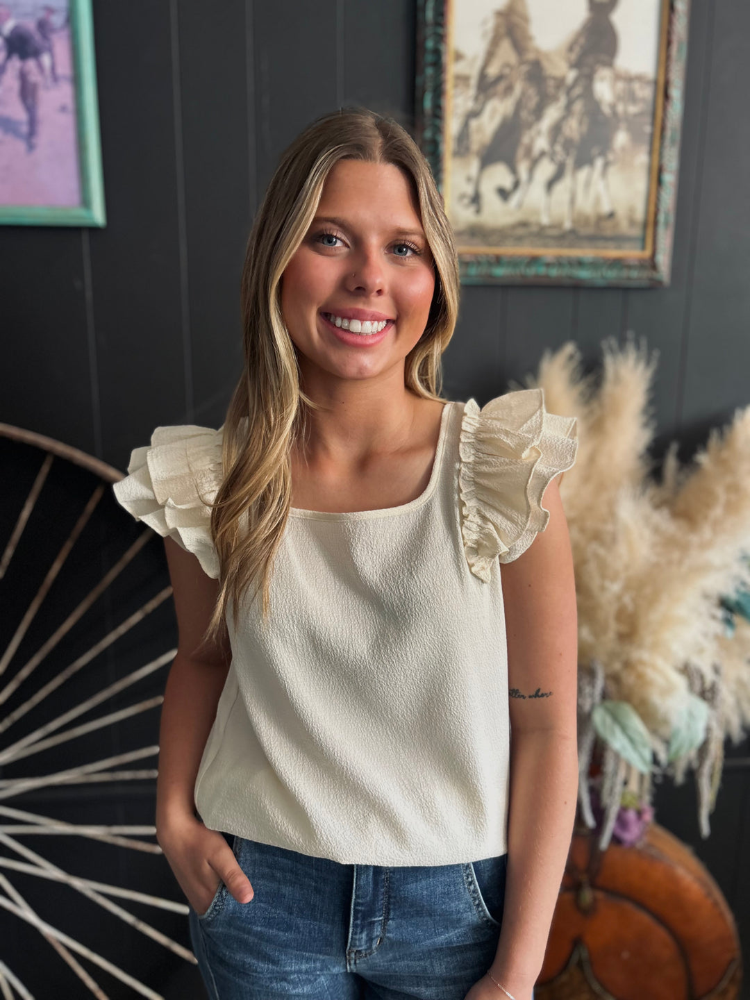 Textured Bow Frilled Butterfly Sleeve Blouse-3 Colors*